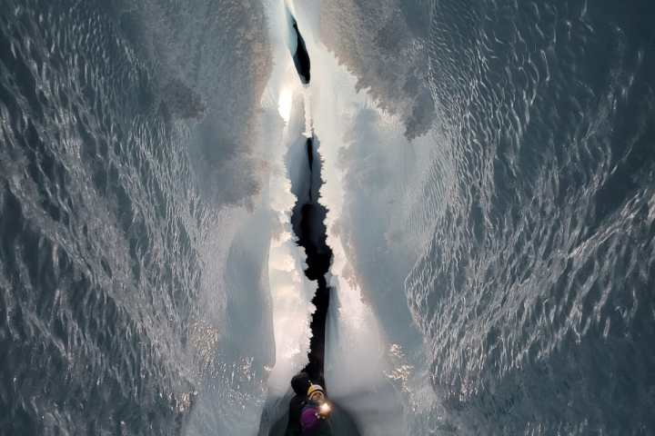 Matanuska Glacier Cave lit up