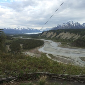 looking down a zipline into the Matanuska Valley