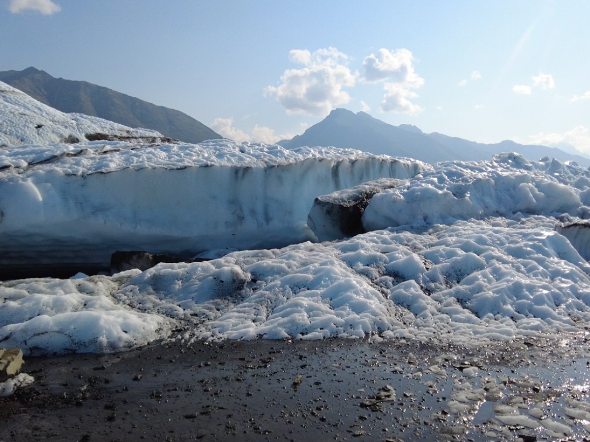 hazy chugach mountains and shiny white ice
